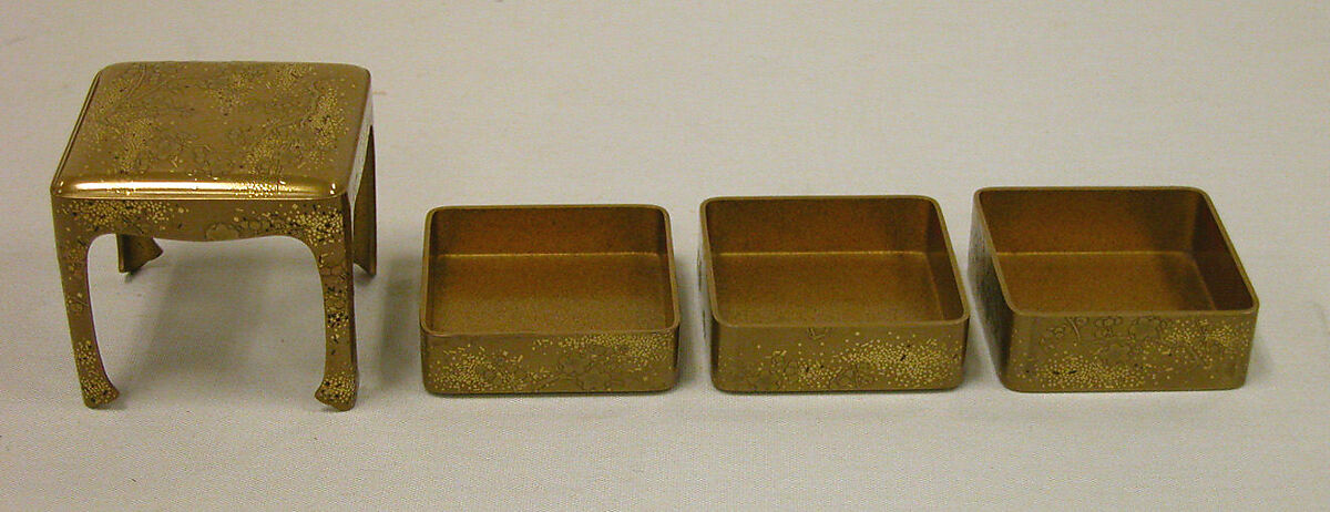 Box in three sections, (Exterior) fudame ground enriched with kirikane; hiramakiye; (interior) nashiji, Japan