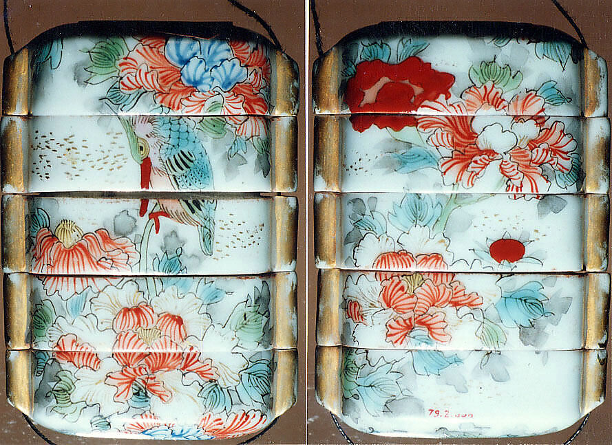 Case (Inrō) with Design of Bird Seated on the Stalk of a Flowering Peony (obverse); Peonies (reverse), Gold lacquer, porcelain, white ground, red, yellow, blue, green enamels; Interior: plain, Japan 