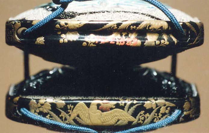 Case (Inrō) with Design of Pottery Plaques, Sides decorated with pottery plaques; netsuke of jade, Japan