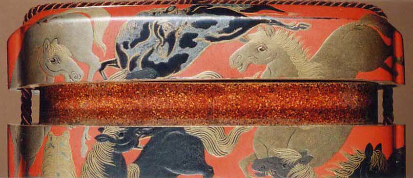 Inrō with One Hundred Horses, Four cases; lacquered wood with gold and silver hiramaki-e, black lacquer, gold and silver foil application, and mother-of-pearl inlay on red ground, Japan
