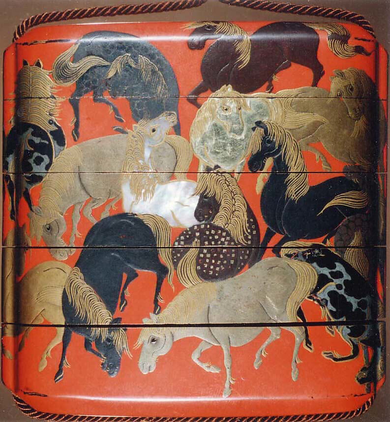 Inrō with One Hundred Horses, Four cases; lacquered wood with gold and silver hiramaki-e, black lacquer, gold and silver foil application, and mother-of-pearl inlay on red ground, Japan