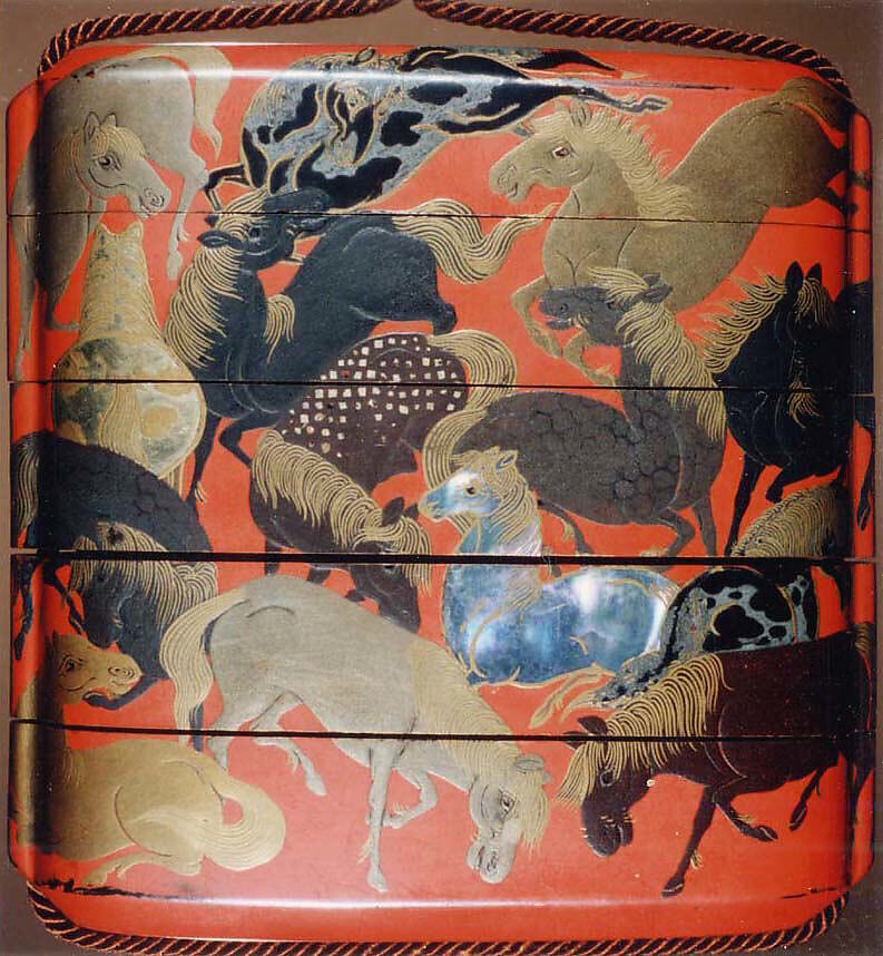 Inrō with One Hundred Horses, Four cases; lacquered wood with gold and silver hiramaki-e, black lacquer, gold and silver foil application, and mother-of-pearl inlay on red ground, Japan