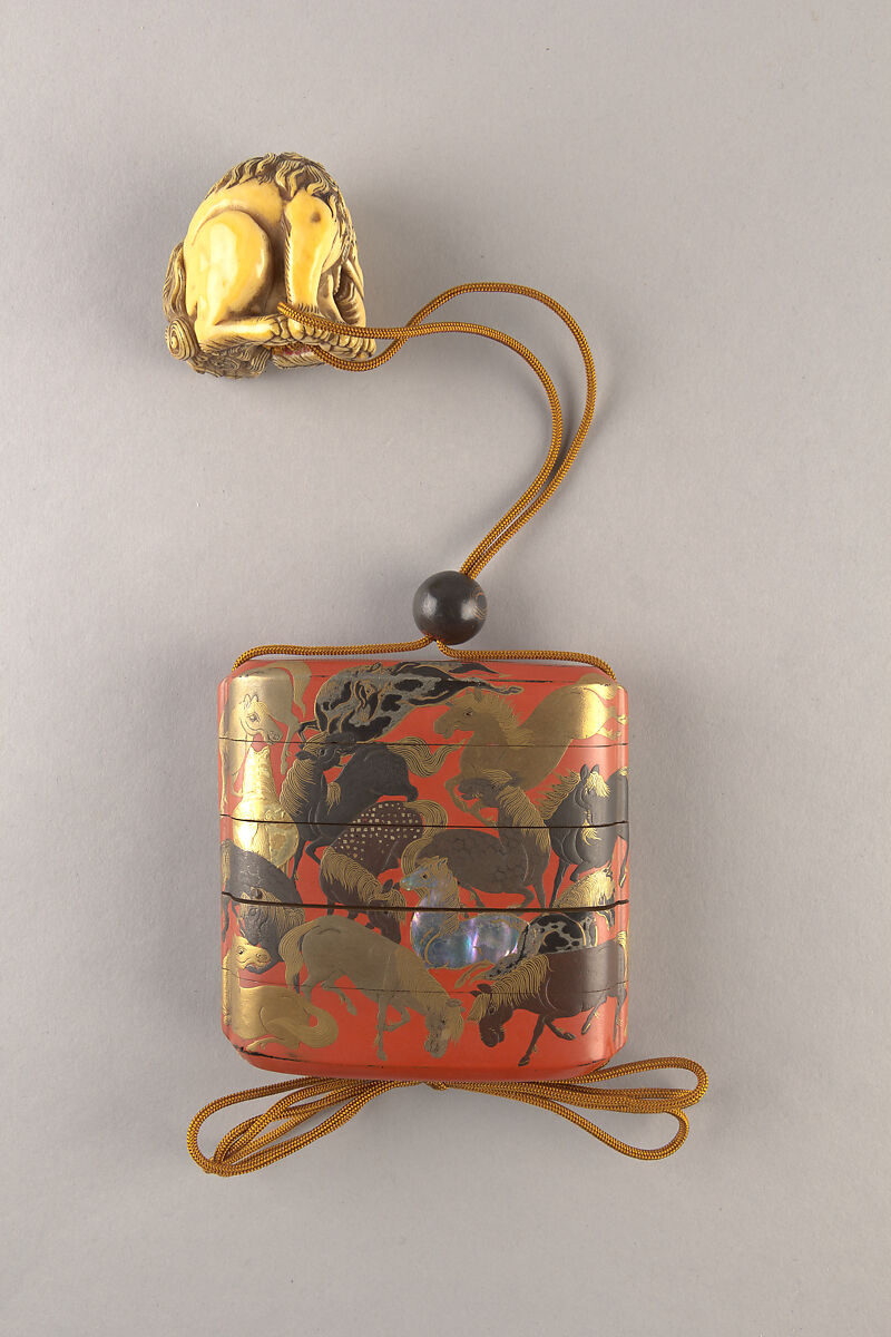 Inrō with One Hundred Horses, Four cases; lacquered wood with gold and silver hiramaki-e, black lacquer, gold and silver foil application, and mother-of-pearl inlay on red ground, Japan