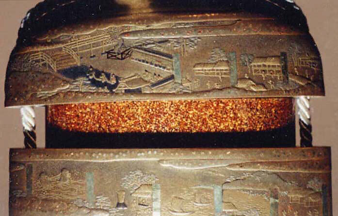 Case (Inrō) with Design of Fifty-Three Stations of the Tokaidō in Japan, Lacquer, kinji, gold and silver hiramakie, takamakie, gold foil and kirigane; Interior: nashiji and fundame, Japan