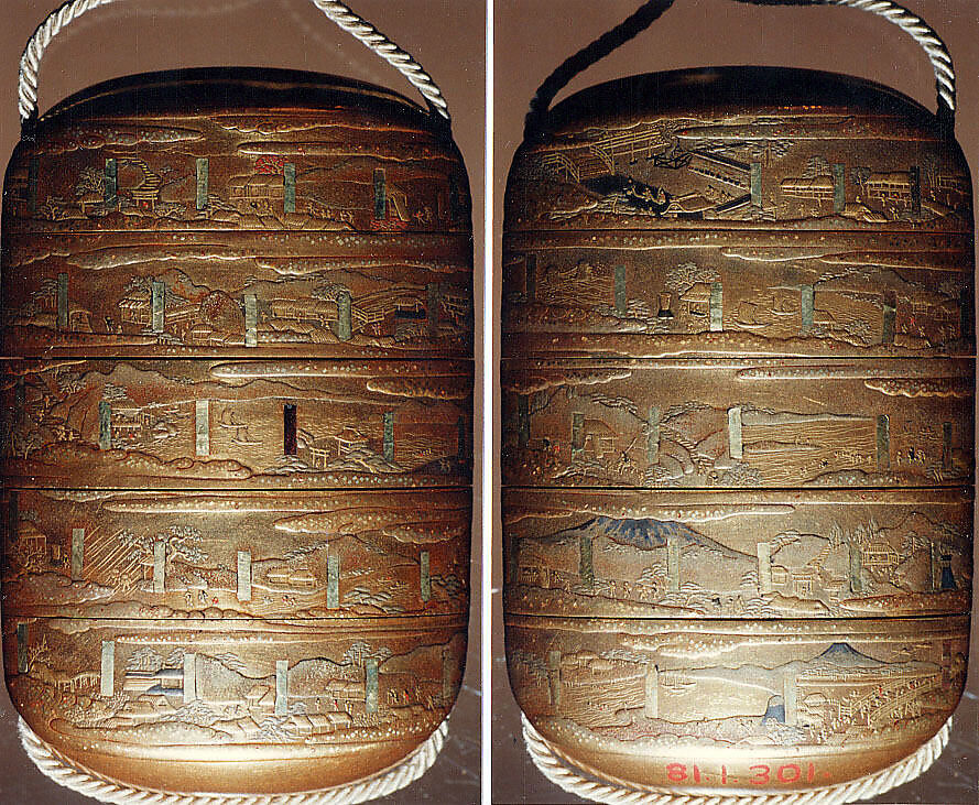 Case (Inrō) with Design of Fifty-Three Stations of the Tokaidō in Japan, Lacquer, kinji, gold and silver hiramakie, takamakie, gold foil and kirigane; Interior: nashiji and fundame, Japan 