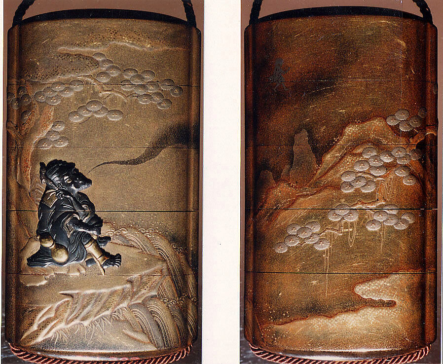 Case (Inrō) with Design of Sage Seated on Rocks beside a Tree, Exhaling His Spirit (obverse); His Spirit Walking on Air (reverse), Lacquer, kinji, gold and silver hiramakie, takamakie, togidashi, metal inlay; Interior: nashiji and fundame, Japan 