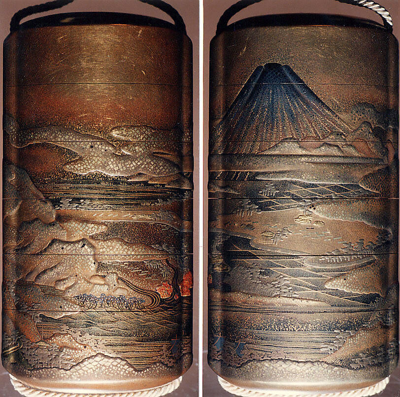 Case (Inrō) with Design of Mount Fuji seen above Rice Fields (obverse);  Pines and Cloud Bands in Autumn (reverse), Lacquer, kinji, gold, silver, and brown hiramakie, takamakie, kirigane and nashiji; Interior: nashiji and fundame, Japan 