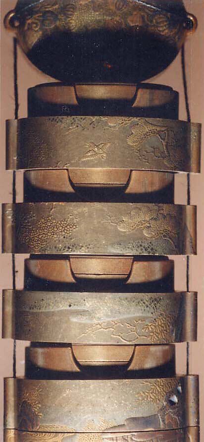 Case (Inrō) with Design of Thatched Building in Hilly Landscape with Trees and Waves with Nestuke of Thatched Building in a Landscape, Lacquered wood with gold, silver maki-e, cut-out gold foil, Japan