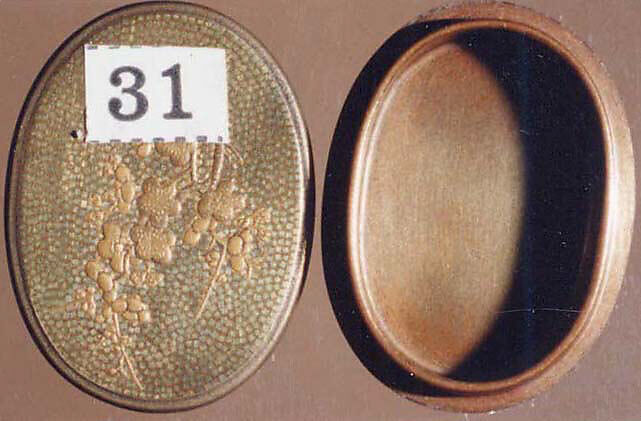 Case (Inrō) with Design of Thatched Building in Hilly Landscape with Trees and Waves with Nestuke of Thatched Building in a Landscape, Lacquered wood with gold, silver maki-e, cut-out gold foil, Japan