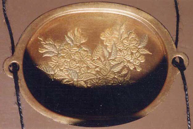 Case (Inrō) with Design of Thatched Building in Hilly Landscape with Trees and Waves with Nestuke of Thatched Building in a Landscape, Lacquered wood with gold, silver maki-e, cut-out gold foil, Japan