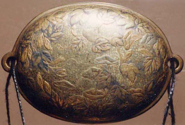 Case (Inrō) with Design of Thatched Building in Hilly Landscape with Trees and Waves with Nestuke of Thatched Building in a Landscape, Lacquered wood with gold, silver maki-e, cut-out gold foil, Japan