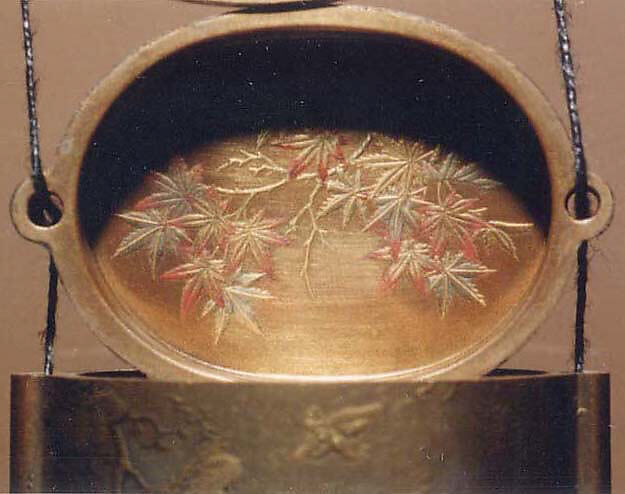 Case (Inrō) with Design of Thatched Building in Hilly Landscape with Trees and Waves with Nestuke of Thatched Building in a Landscape, Lacquered wood with gold, silver maki-e, cut-out gold foil, Japan
