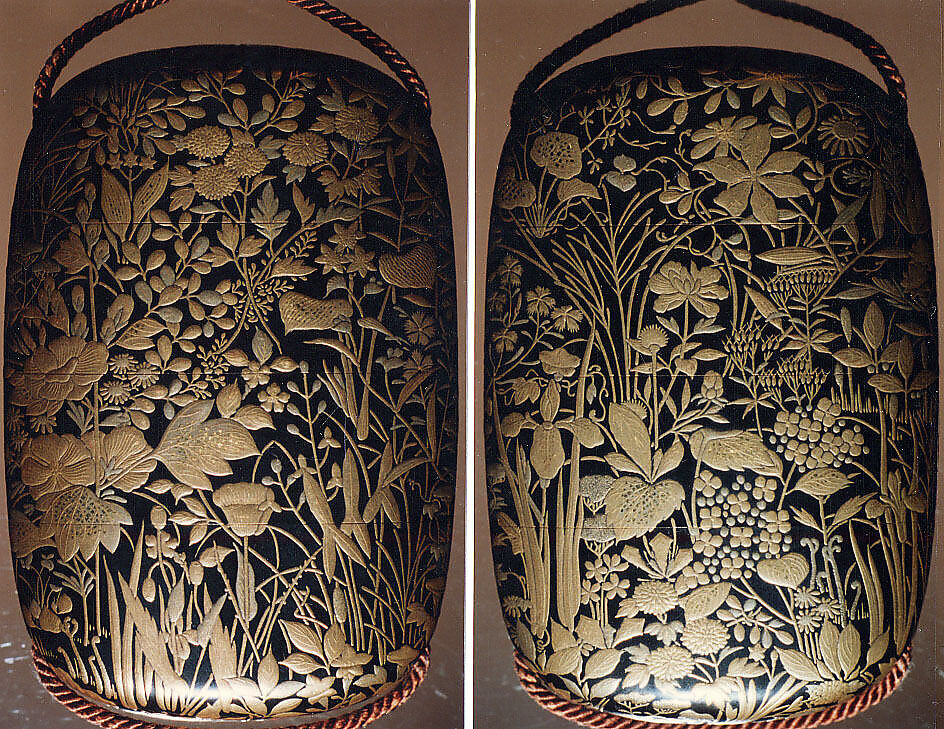 Case (Inrō) with Design of Flowers and Grasses, Lacquer, roiro, gold and silver hiramakie; Interior: nashiji and fundame, Japan 