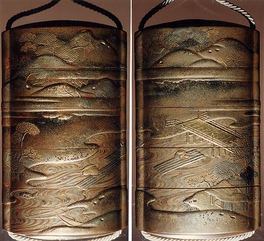 Case (Inrō) with Design of Persons Steering Wood Rafts on River in Mountain Landscape, Lacquer, kinji, gold and silver hiramakie, takamakie and kirigane; Interior: nashiji and fundame, Japan 