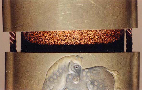 Inrō with Seven Horses by a River, Five cases; lacquered wood with gold and silver togidashimaki-e, hiramaki-e, gold and silver foil application on black groundNetsuke: man in a bamboo grove; carved woodOjime: ivory bead, Japan