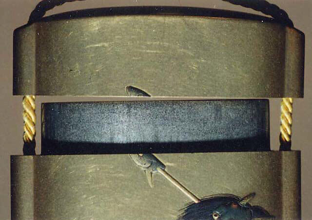 Case (Inrō) with Design of an Oni (Demon) Carrying a Temple Bell and Paper Lantern over His Shoulder (obverse); Oni Carrying Fish Head Stuck on a Pole and Holly Branch (reverse), Lacquer, kinji, gold, red, silver and black hiramakie, takamakie; Interior: silver lacquer and fundame, Japan