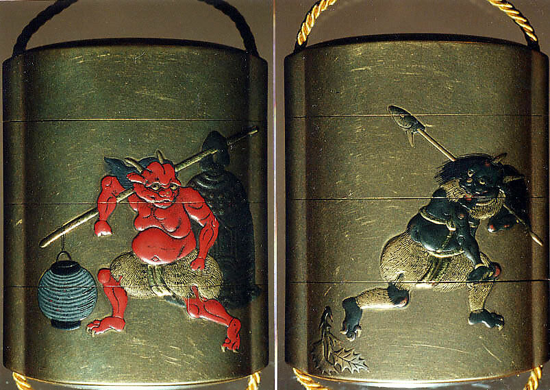 Case (Inrō) with Design of an Oni (Demon) Carrying a Temple Bell and Paper Lantern over His Shoulder (obverse); Oni Carrying Fish Head Stuck on a Pole and Holly Branch (reverse), Lacquer, kinji, gold, red, silver and black hiramakie, takamakie; Interior: silver lacquer and fundame, Japan 