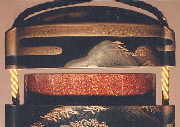 Case (Inrō) with Design of Thatched Farm Buildings in Fields and Mountain Landscape with Cloud Bands, Lacquer, roiro, gold and silver hiramakie, nashiji and kirigane; Interior: nashiji and fundame, Japan