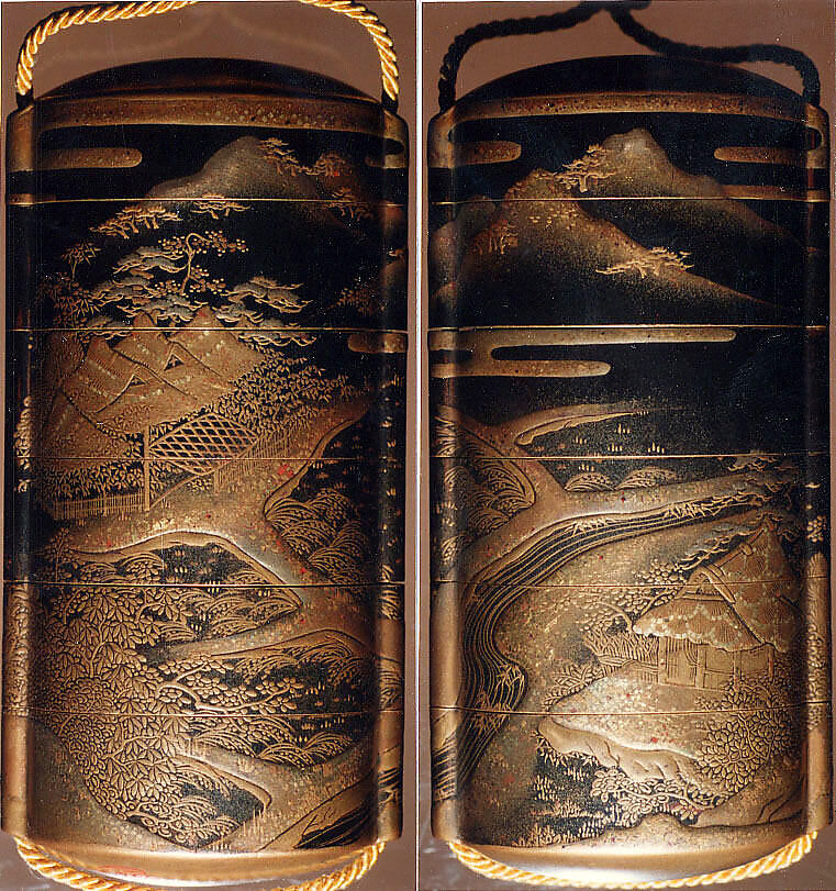 Case (Inrō) with Design of Thatched Farm Buildings in Fields and Mountain Landscape with Cloud Bands, Lacquer, roiro, gold and silver hiramakie, nashiji and kirigane; Interior: nashiji and fundame, Japan 