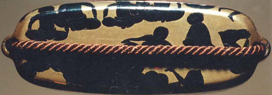 Case (Inrō) with Design of Monkeys' Festival, Maki-e with black on gold lacquerOjime: lacquered wood in the shape of a chestnutNetsuke: carved ivory with a sleeping man and a monkey , Japan
