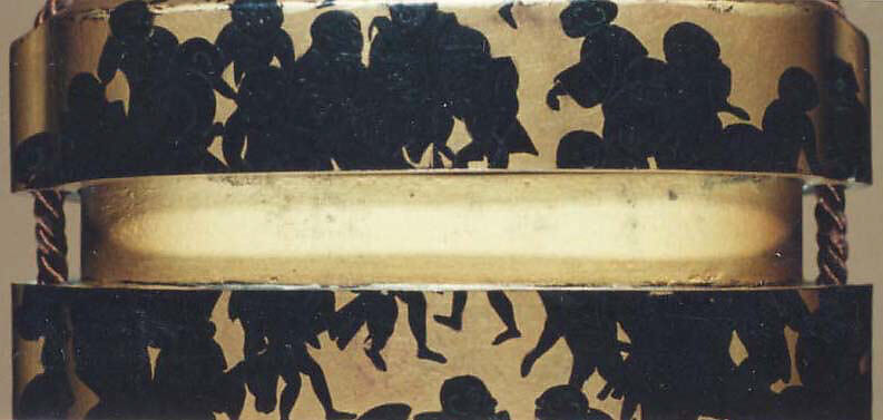 Case (Inrō) with Design of Monkeys' Festival, Maki-e with black on gold lacquerOjime: lacquered wood in the shape of a chestnutNetsuke: carved ivory with a sleeping man and a monkey , Japan