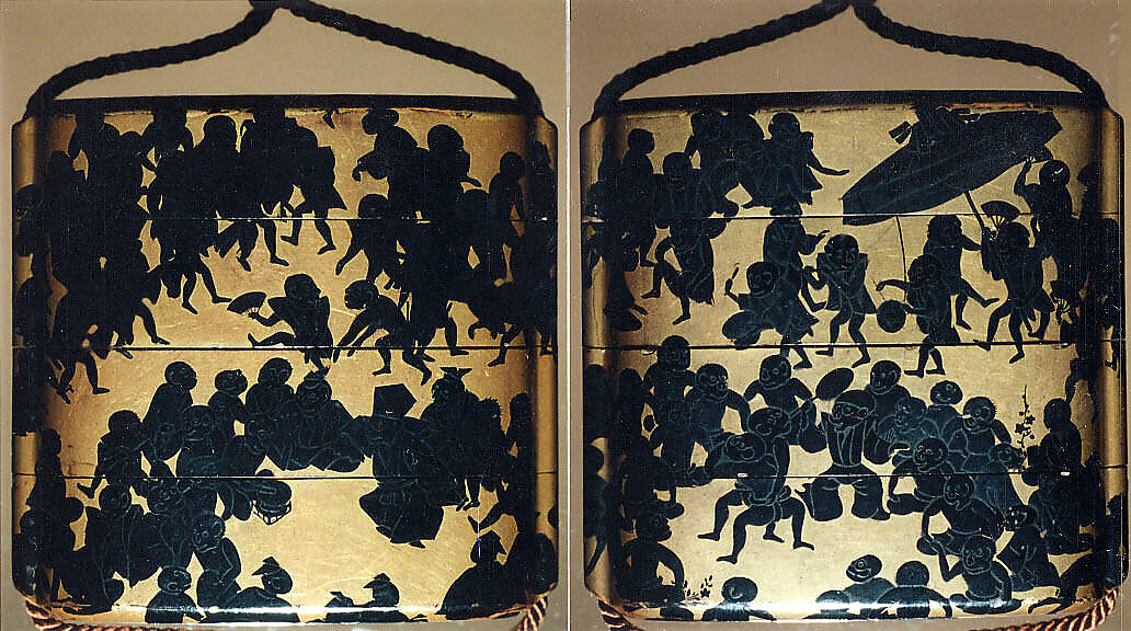 Case (Inrō) with Design of Monkeys' Festival, Maki-e with black on gold lacquerOjime: lacquered wood in the shape of a chestnutNetsuke: carved ivory with a sleeping man and a monkey , Japan 