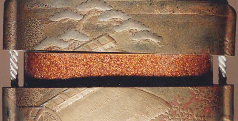 Case (Inrō) with Design of Persons Outside Building and Wall (obverse); With Flowering Cherry Trees (reverse), Lacquer, kinji, gold and colored hiramakie, takamakie and kirigane; Interior: nashiji and fundame, Japan