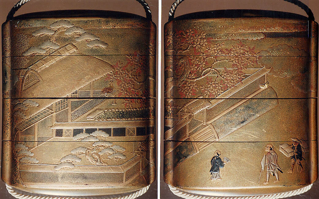 Case (Inrō) with Design of Persons Outside Building and Wall (obverse); With Flowering Cherry Trees (reverse), Lacquer, kinji, gold and colored hiramakie, takamakie and kirigane; Interior: nashiji and fundame, Japan 