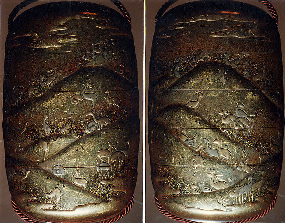 Case (Inrō) with Design of Deer in a Hilly Landscape, Lacquer, kinji, gold and silver hiramakie, nashiji and kirigane; Interior: nashiji and fundame, Japan 