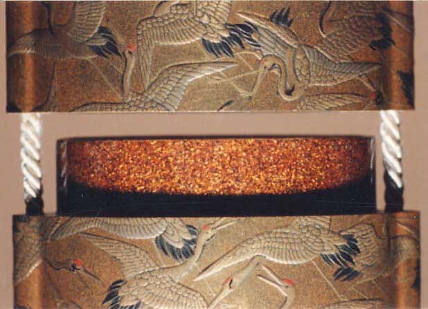 Case (Inrō) with Design of Cranes in Flight, Lacquer, kinji, gold, silver, black and red hiramakie, takamakie; Interior: nashiji and fundame, Japan