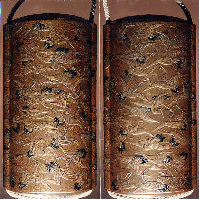 Case (Inrō) with Design of Cranes in Flight, Lacquer, kinji, gold, silver, black and red hiramakie, takamakie; Interior: nashiji and fundame, Japan 