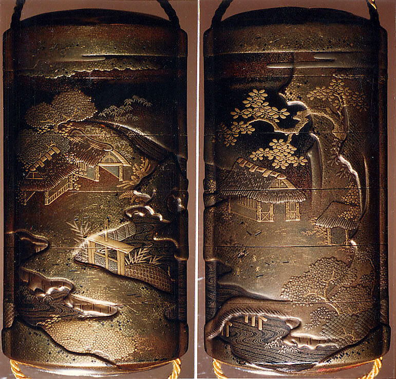 Case (Inrō) with Design of Thatched Buildings Beside River Landscape, Lacquer, roiro, hirame, gold and silver hiramakie, takamakie and kirigane; Interior: nashiji and fundame, Japan 