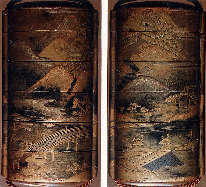 Case (Inrō) with Design of Buildings in Mountain Landscape, Lacquer, fundame, gold, silver and black hiramakie, nashiji, togidashi and kirigane; Interior: nashiji and fundame, Japan 