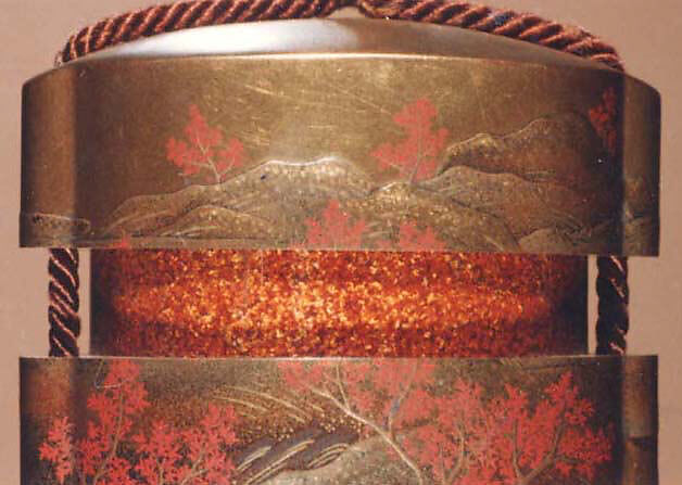 Case (Inrō) with Design of Flowering Cherry Trees Beside Winding  River (obverse); Maple Trees in Autumn (reverse), Lacquer, fundame, gold, silver, red and black hiramakie, takamakie; Interior: nashiji and fundame, Japan