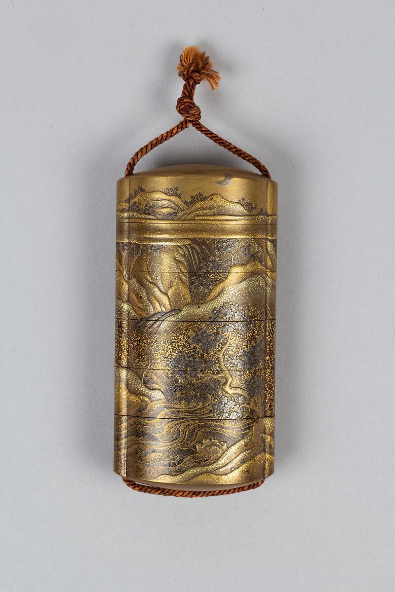 Case (Inrō) with Design of Flowering Cherry Trees Beside Winding  River (obverse); Maple Trees in Autumn (reverse), Lacquer, fundame, gold, silver, red and black hiramakie, takamakie; Interior: nashiji and fundame, Japan 