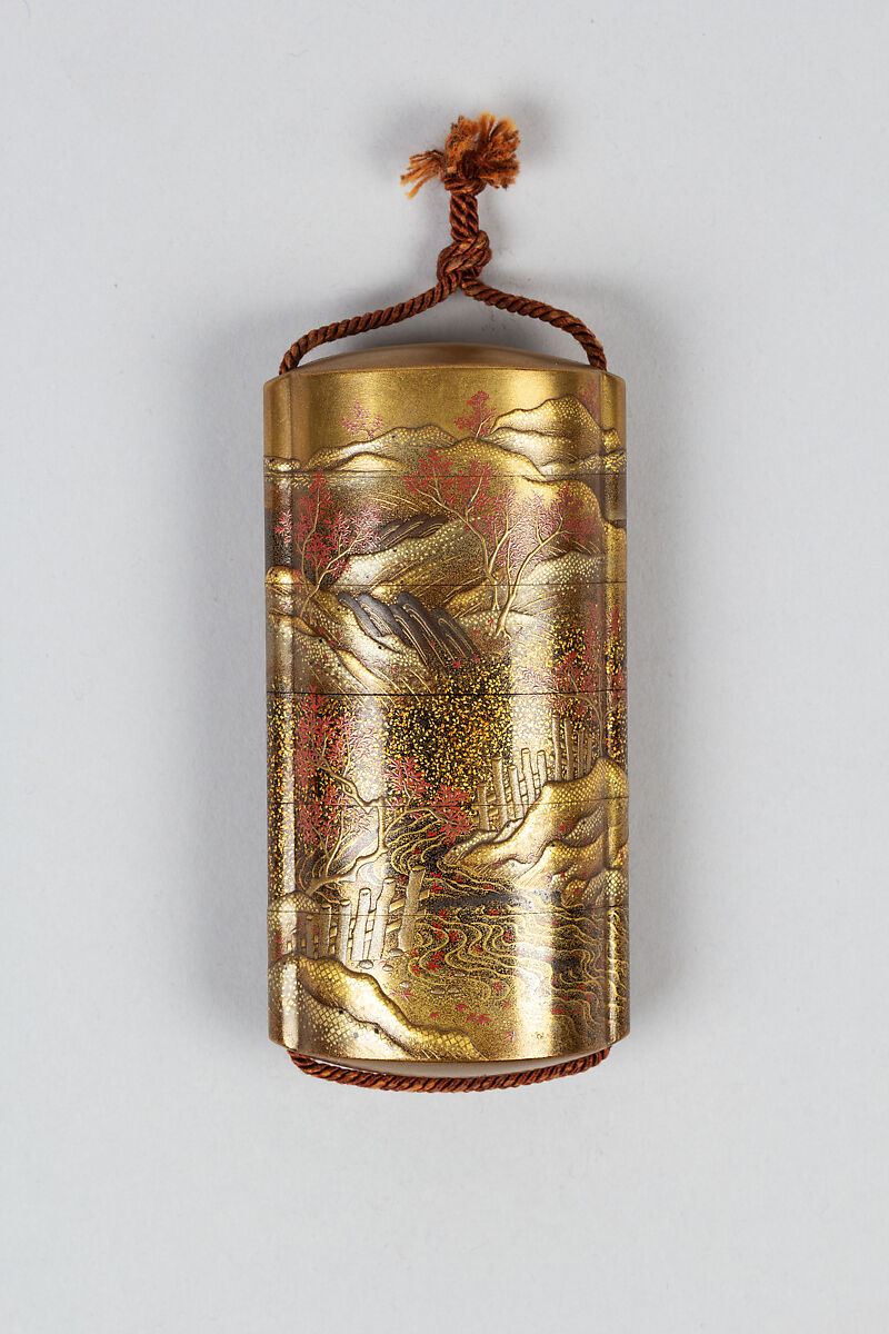 Case (Inrō) with Design of Flowering Cherry Trees Beside Winding  River (obverse); Maple Trees in Autumn (reverse), Lacquer, fundame, gold, silver, red and black hiramakie, takamakie; Interior: nashiji and fundame, Japan