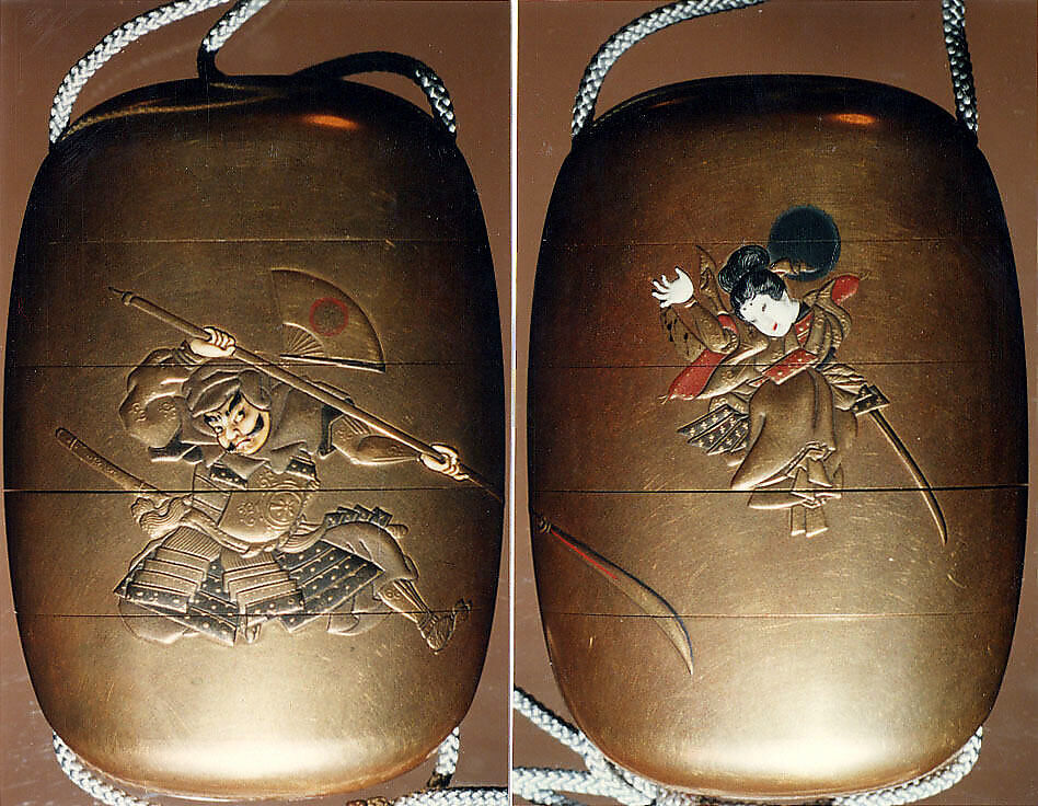 Case (Inrō) with scene of Yoshitsune and Benkei on the Gojō Bridge, Lacquer, kinji, gold, silver, black and red hiramakie, ivory inlay; Interior: nashiji and fundame, Japan 