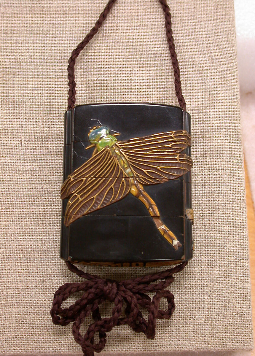Case (Inrō) with Design of Three Large Dragonflies, Lacquer, roiro, gold, brown and red hiramakie, takamakie, ceramic inlay; Interior: nashiji and fundame, Japan