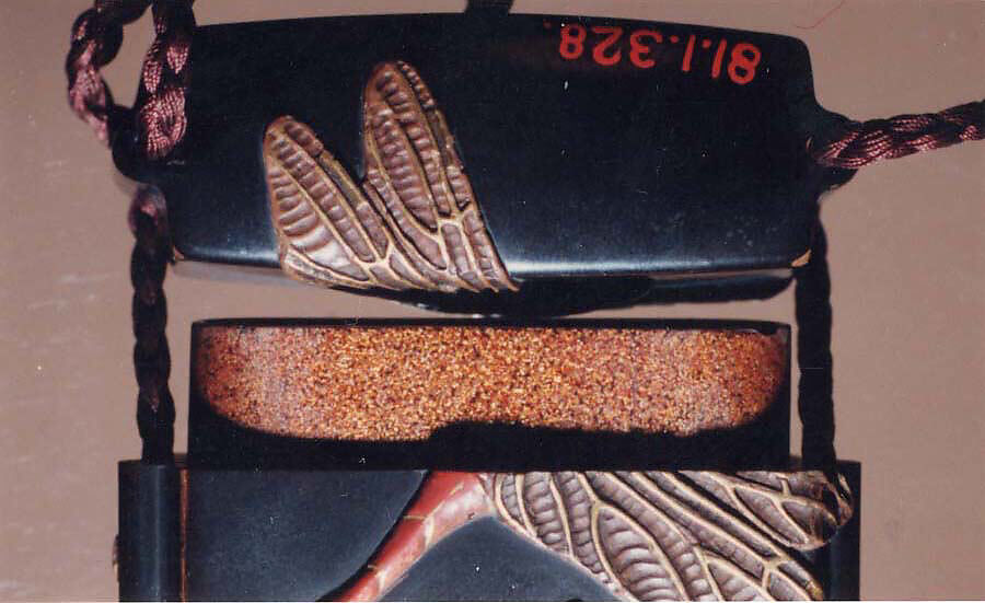 Case (Inrō) with Design of Three Large Dragonflies, Lacquer, roiro, gold, brown and red hiramakie, takamakie, ceramic inlay; Interior: nashiji and fundame, Japan