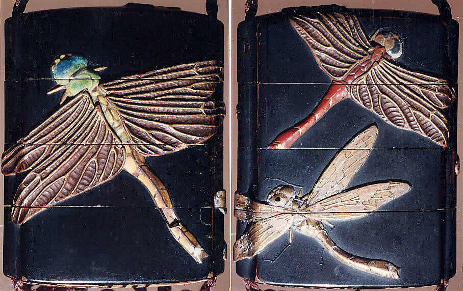 Case (Inrō) with Design of Three Large Dragonflies, Lacquer, roiro, gold, brown and red hiramakie, takamakie, ceramic inlay; Interior: nashiji and fundame, Japan 