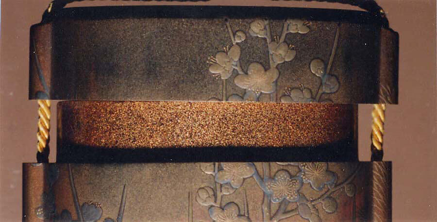 Case (Inrō) with Design of Young Pine Trees behind Flowering Plum Tree, Lacquer, fundame, gold and silver hiramakie, takamakie, kirigane; Interior: nashiji and fundame, Japan