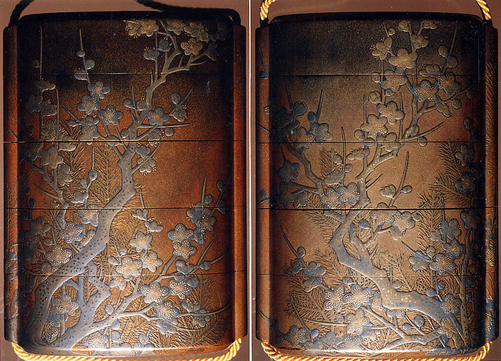 Case (Inrō) with Design of Young Pine Trees behind Flowering Plum Tree, Lacquer, fundame, gold and silver hiramakie, takamakie, kirigane; Interior: nashiji and fundame, Japan 