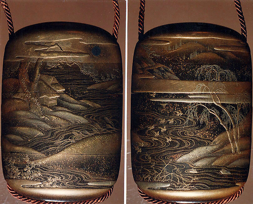 Case (Inrō) with Design of Winding River, Birds in Flight, Trees and Clouds, Lacquer, kinji, gold, silver, black and brown hiramakie, nashiji and togidashi; Interior: nashiji and fundame, Japan 