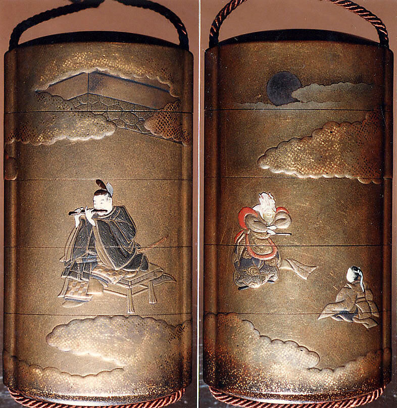 Case (Inrō) with Design of Courtier Accompanying Raryōō (obverse); Nobleman Playing Flute (reverse), Gold and silver maki-e with gold and colored lacquer , Japan 