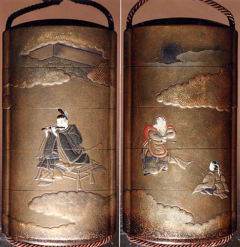 Case (Inrō) with Design of Courtier Accompanying Raryōō (obverse); Nobleman Playing Flute (reverse)