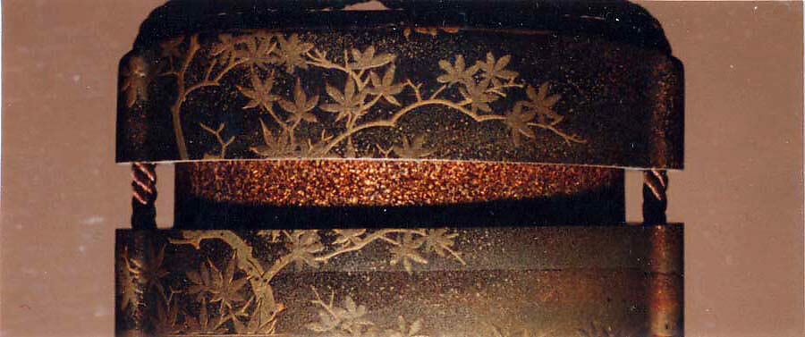 Case (Inrō) with Design of a Diagonal Bridge Seen among Clouds and Maple Branches (obverse); Rocks and Waves beneath Maple Trees and Clouds (reverse), Lacquer, roiro, gold and silver hiramakie, nashiji, togidashi and kirigane; Interior: nashiji and fundame, Japan