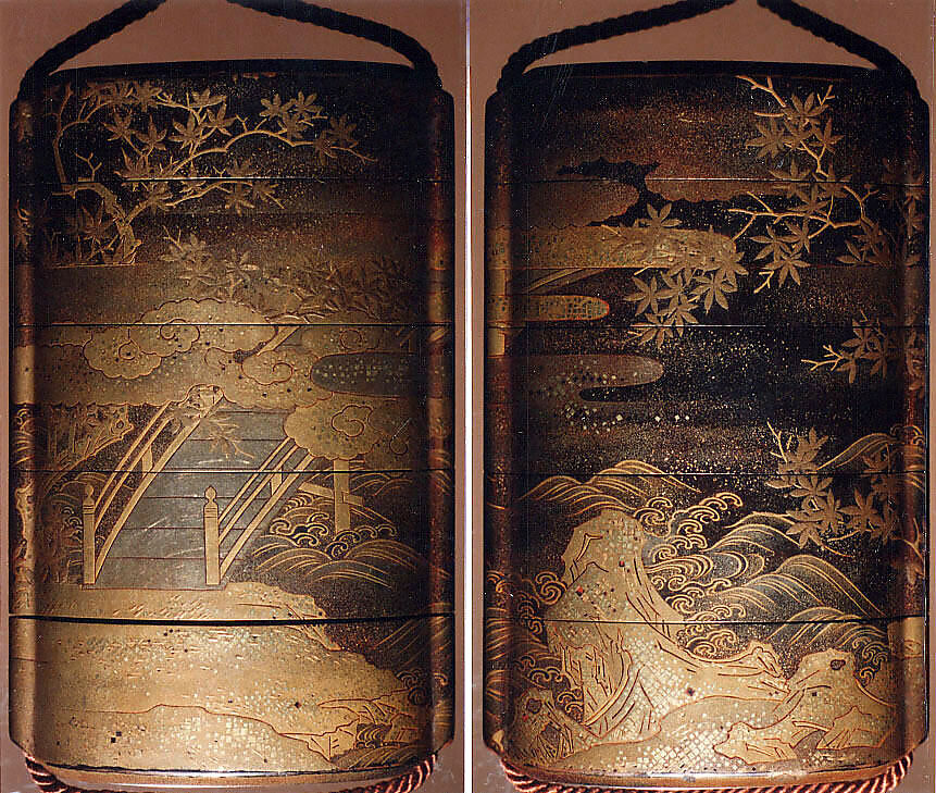 Case (Inrō) with Design of a Diagonal Bridge Seen among Clouds and Maple Branches (obverse); Rocks and Waves beneath Maple Trees and Clouds (reverse), Lacquer, roiro, gold and silver hiramakie, nashiji, togidashi and kirigane; Interior: nashiji and fundame, Japan 