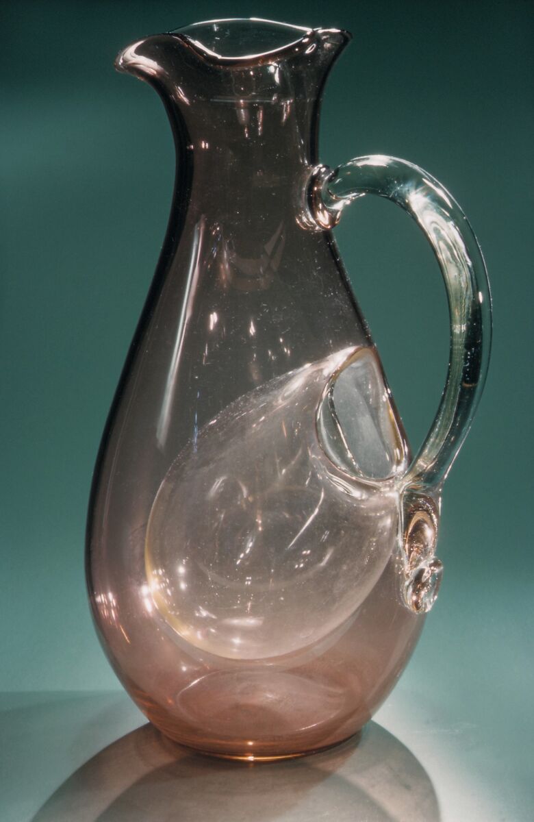 Pitcher, Reading Artistic Glass Works (1884–86), Free-blown cranberry and colorless glass, American 