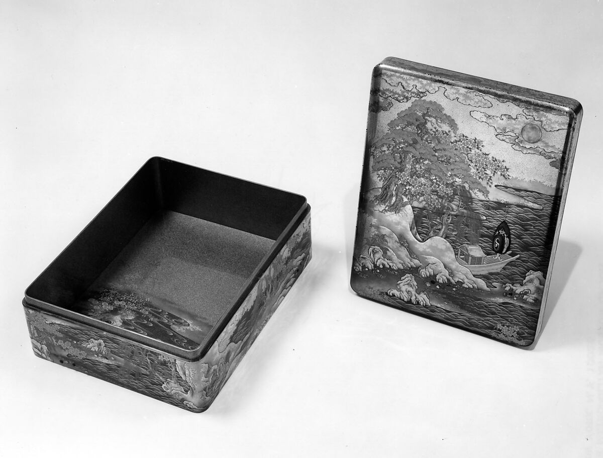 Document Box with a Scene from the “Butterflies” Chapter of The Tale of Genji, Lacquered wood with gold and silver takamaki-e, hiramaki-e, togidashimaki-e, cut-out gold foil on nashiji and gold ground, Japan