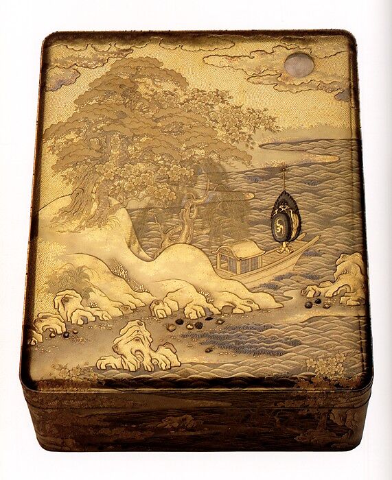 Document Box with a Scene from the “Butterflies” Chapter of The Tale of Genji, Lacquered wood with gold and silver takamaki-e, hiramaki-e, togidashimaki-e, cut-out gold foil on nashiji and gold ground, Japan 